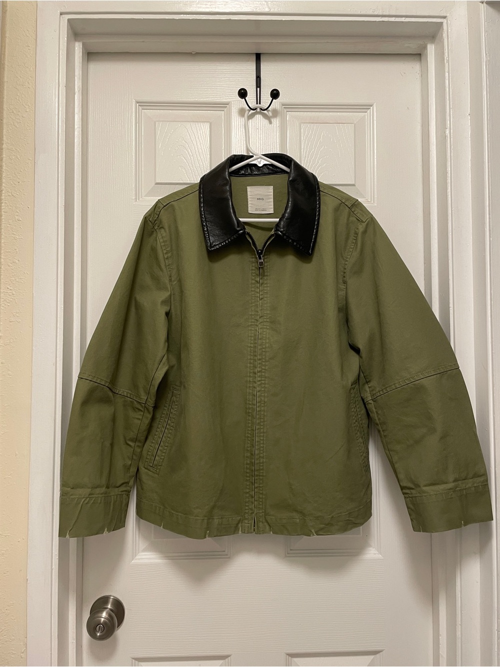 Mango Olive Field Jacket with Black Faux Leather Collar